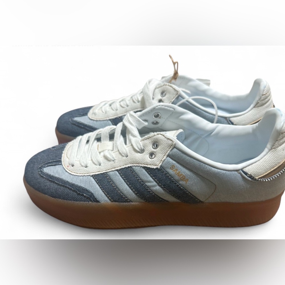 Adidas Women’s Denim Samba-Style Sneakers in Blue and White - Picture 2 of 10